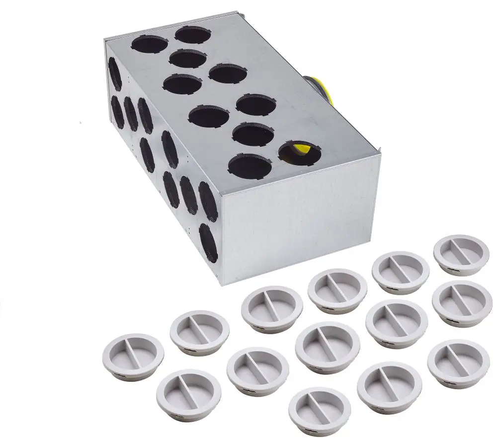 Verteiler mit mehreren Öffnungen für Luftleitungen, aus Metall, mit Zubehörteilen in Form von runden Abdeckungen. Produkt der Marke Fränkische.